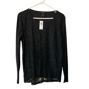 Ann Taylor Factory Black Long Sleeve Scoop Neck Asymmetrical Blouse